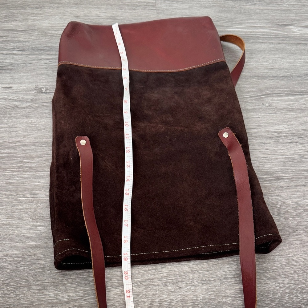 Handmade Suede and Leather Brown and Burgundy Fold Over Slouchy Bucket Bag - Picture 9 of 14